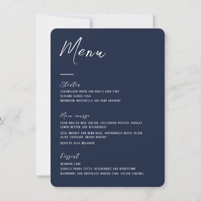 Elegant  navy blue Wedding Menu card (Front)