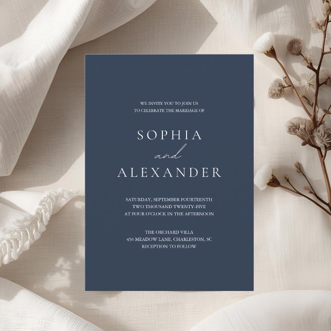 Elegant Navy Blue Wedding Modern Script Invitation (Creator Uploaded)