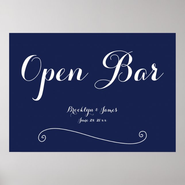 Elegant Navy Blue Wedding Open Bar Sign (Front)