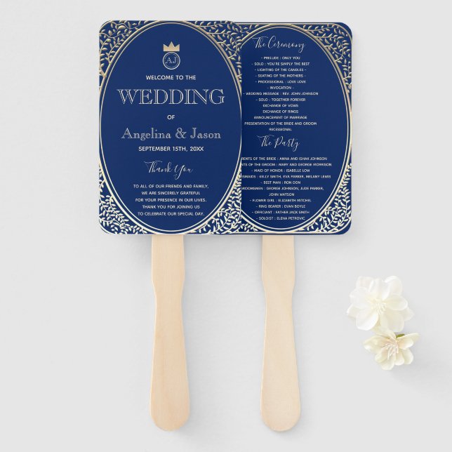 Elegant Navy Blue Wedding Program Hand Fan (Front and Back)