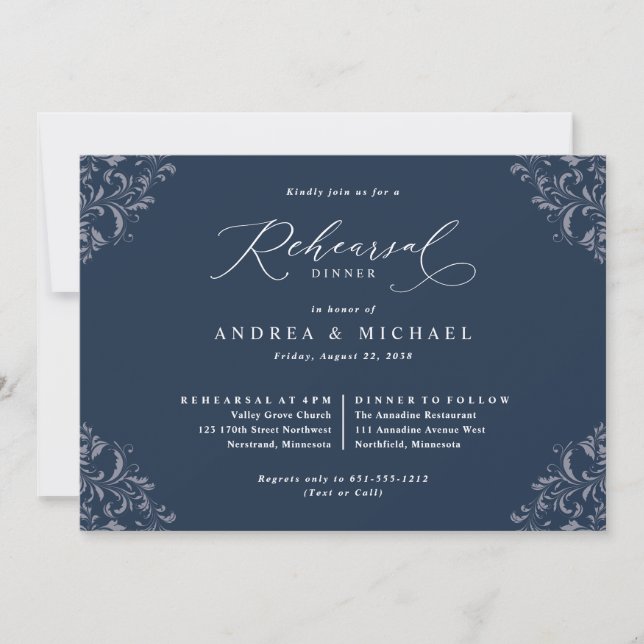 Elegant Navy Blue Wedding Rehearsal Dinner Invitation (Front)