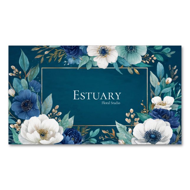Elegant Navy Blue White Anemone Teal Gold Frame Magnetic Business Card (Front)