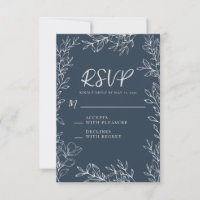 Elegant Navy Blue White Botanical Line Art Wedding