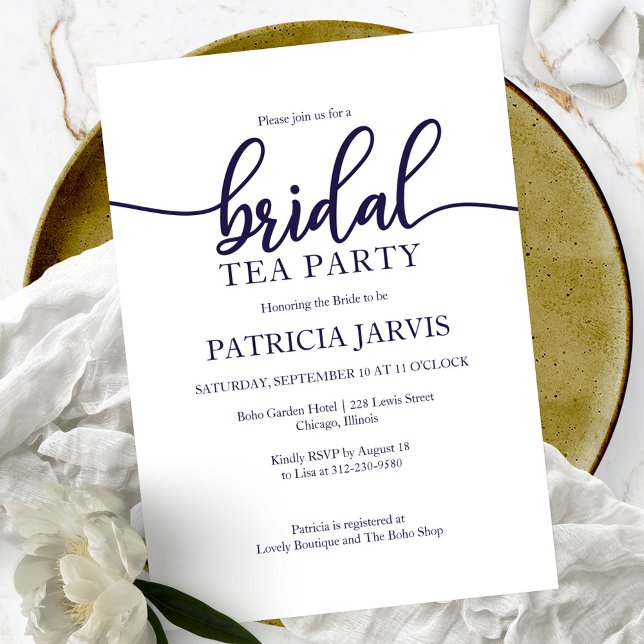 Elegant Navy Blue White Bridal Tea Party Invitation (Creator Uploaded)