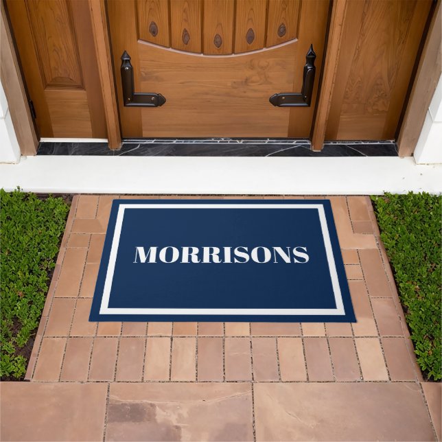 Elegant navy blue white custom name border  doormat (Outdoor)