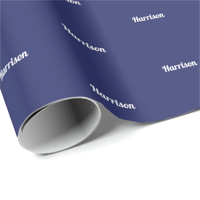 Elegant navy blue white custom name text birthday wrapping paper (Roll Corner)