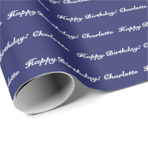 Elegant navy blue white custom script name wrapping paper