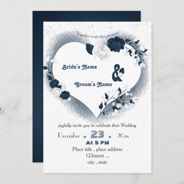 elegant navy blue & white floral heart wedding  invitation (Front/Back)