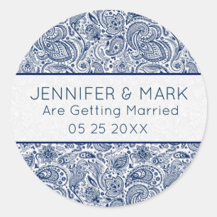 Elegant Navy Blue & White Floral Paisley Lace Classic Round Sticker