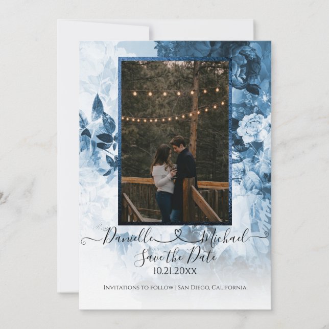 Elegant Navy Blue White Floral Script Heart Photo Save The Date (Front)