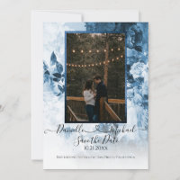 Elegant Navy Blue White Floral Script Heart Photo