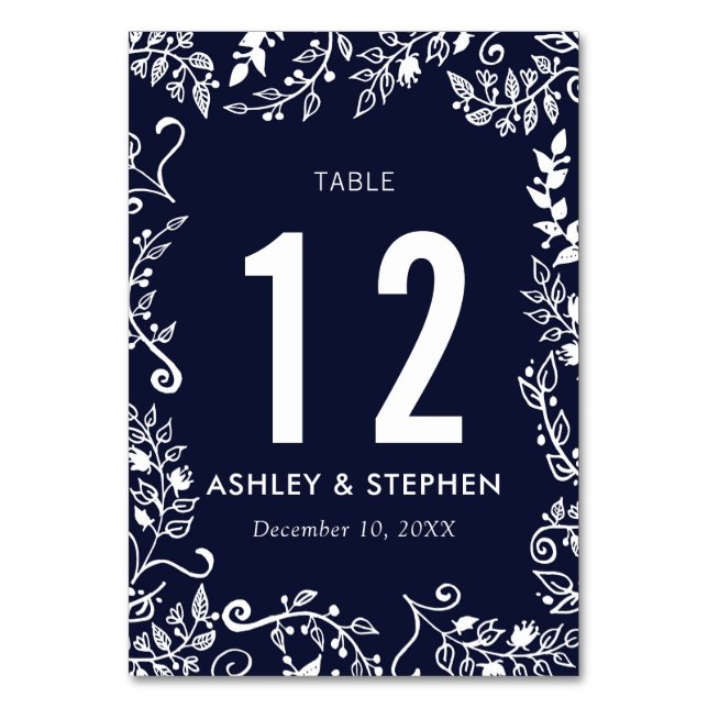 Elegant Navy Blue White Floral Table Numbers (Front)