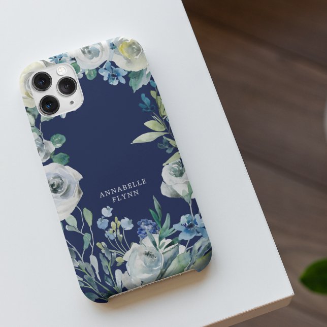 Elegant Navy Blue White Floral Winter Monogram iPhone Case (Creator Uploaded)