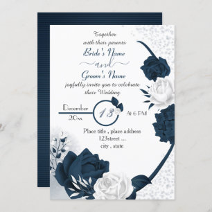 elegant navy blue & white flowers wedding invitation