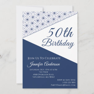 Elegant Navy Blue & White Geometric 50th Milestone Invitation