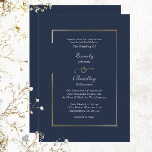  Elegant Navy Blue White Gold Border Wedding Invitation