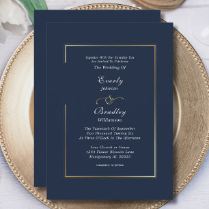  Elegant Navy Blue White Gold Border Wedding Invitation
