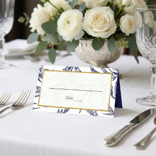 Elegant Navy Blue White Gold Botanical Wedding Place Card