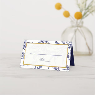 Elegant Navy Blue White Gold Botanical Wedding Place Card