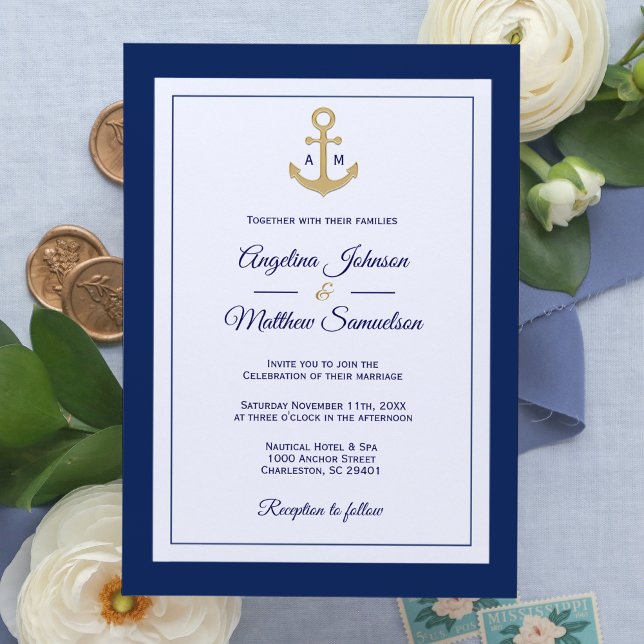 Elegant Navy Blue White Gold Nautical Wedding Invitation (Creator Uploaded)