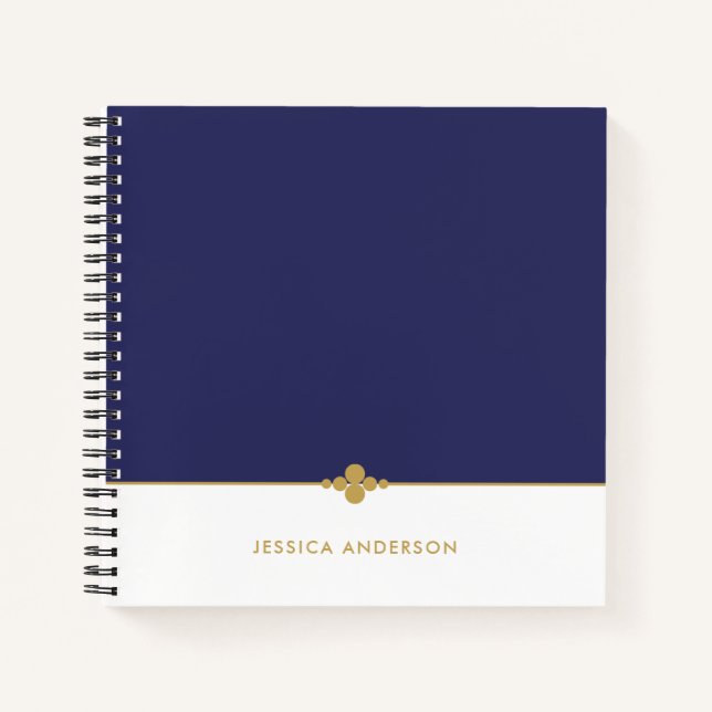 Elegant Navy Blue White Gold Personalised Notebook (Front)