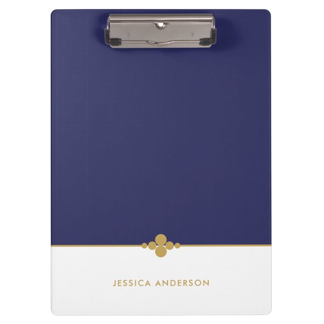 Elegant Navy Blue White Gold Personalized Clipboard (Front)
