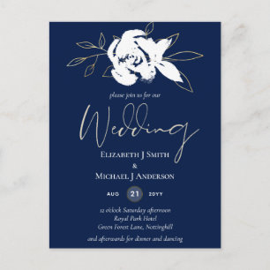 Elegant Navy Blue White Gold Wedding Postcard