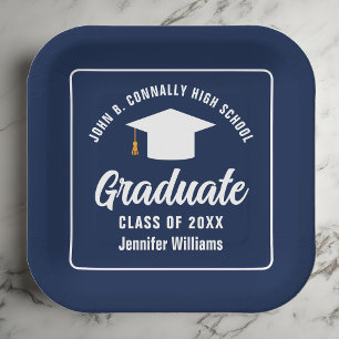 Elegant Navy Blue White Graduation Party Square Paper Plate