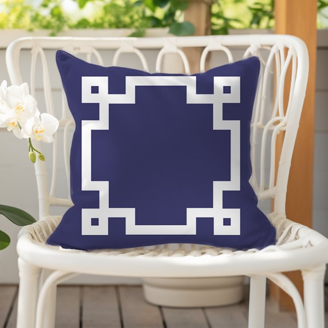 Elegant Navy Blue White Greek Key Border Cushion (Creator Uploaded)