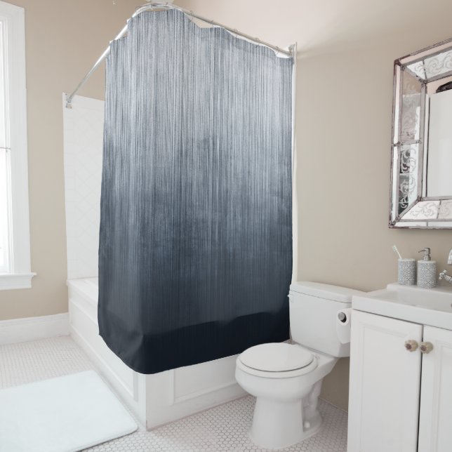 Elegant Navy Blue White Grey Rustic Striped Shower Curtain (In Situ)