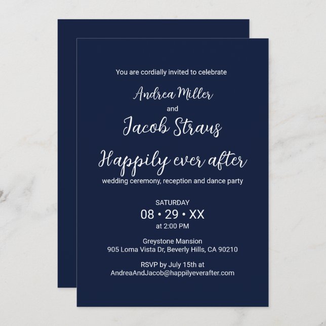Elegant Navy Blue White Happily Ever After Wedding Invitation (Front/Back)