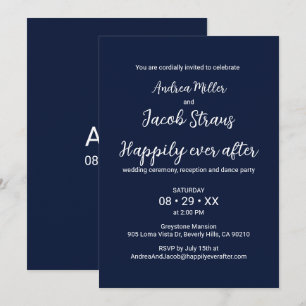 Elegant Navy Blue White Happily Ever After Wedding Invitation