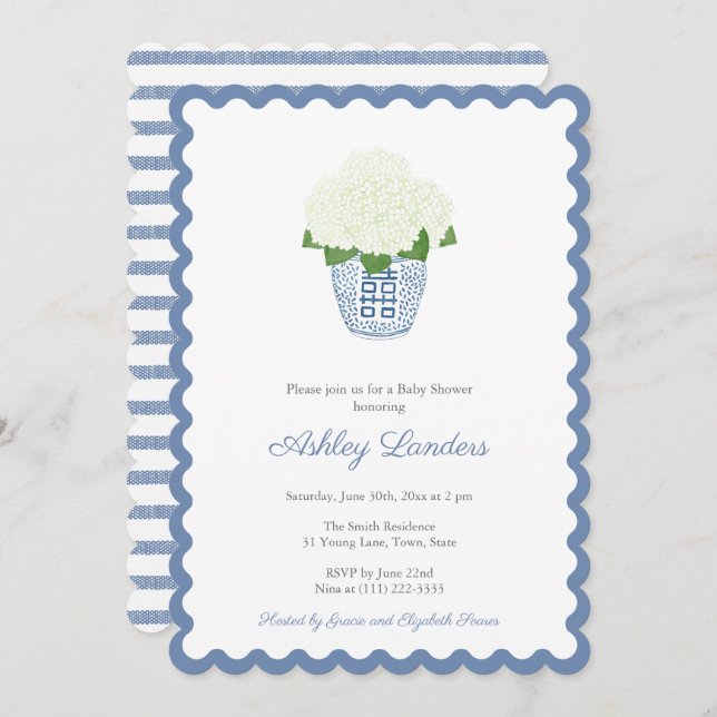 Elegant Navy Blue White Hydrangea Baby Boy Shower Invitation (Front/Back)