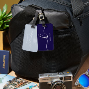 Elegant Navy Blue White Initial Script Name Luggage Tag