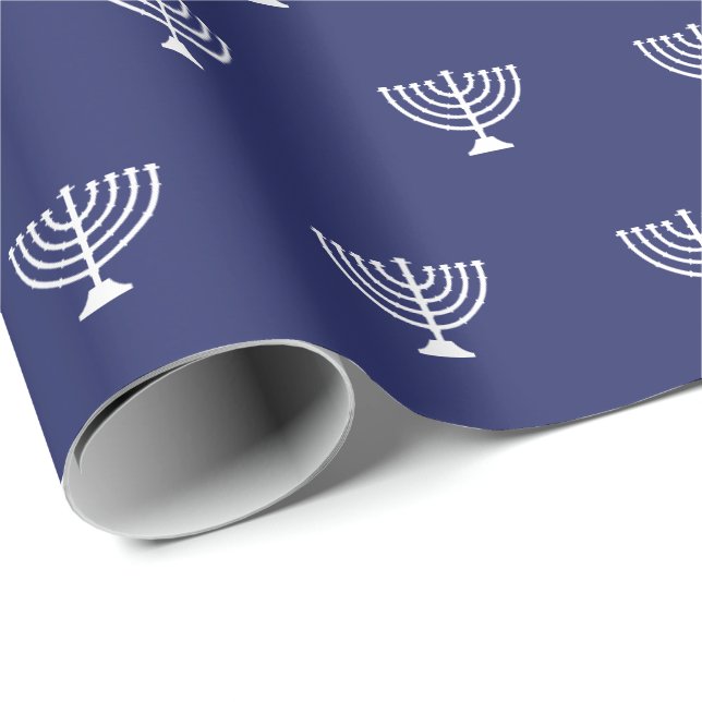 Elegant navy blue white Jewish menorah pattern Wrapping Paper (Roll Corner)