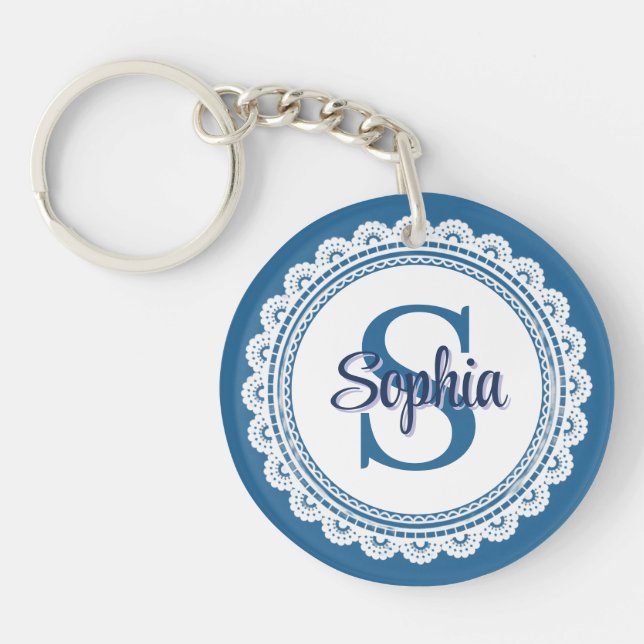 Elegant Navy Blue White Lace Monogram Name Key Ring (Front)