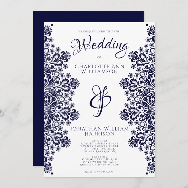 Elegant Navy Blue White Lace Romantic Wedding Invi Invitation (Front/Back)