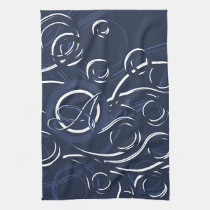 Elegant Navy Blue & White Modern Monogram Pattern Tea Towel