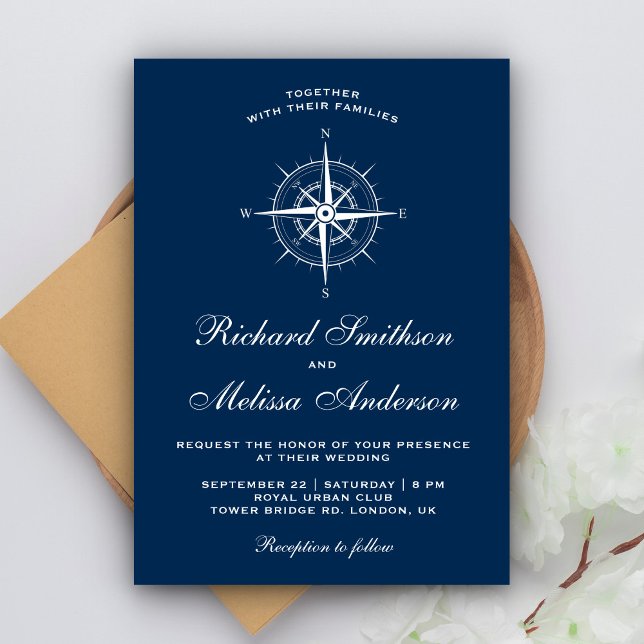 Elegant Navy Blue White Nautical Compass Wedding Invitation (Creator Uploaded)