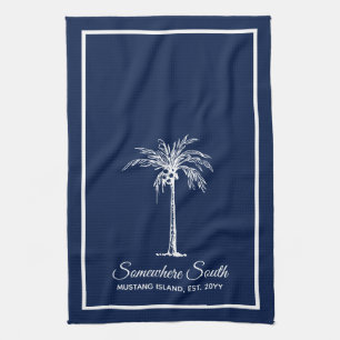 Elegant Navy Blue White Palm Tree Personalised Tea Towel
