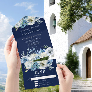 Elegant Navy Blue White Rose Floral Winter Wedding All In One Invitation