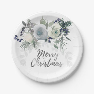 Elegant Navy Blue White Rose Merry Christmas Paper Plate