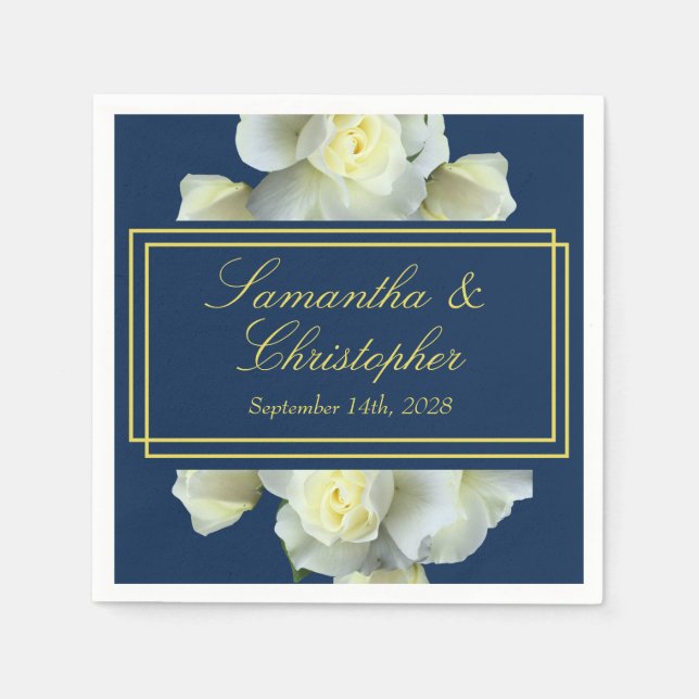 Elegant Navy Blue White Roses Minimal Gold Script Napkin (Front)