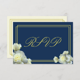 Elegant Navy Blue White Roses Minimal RSVP card