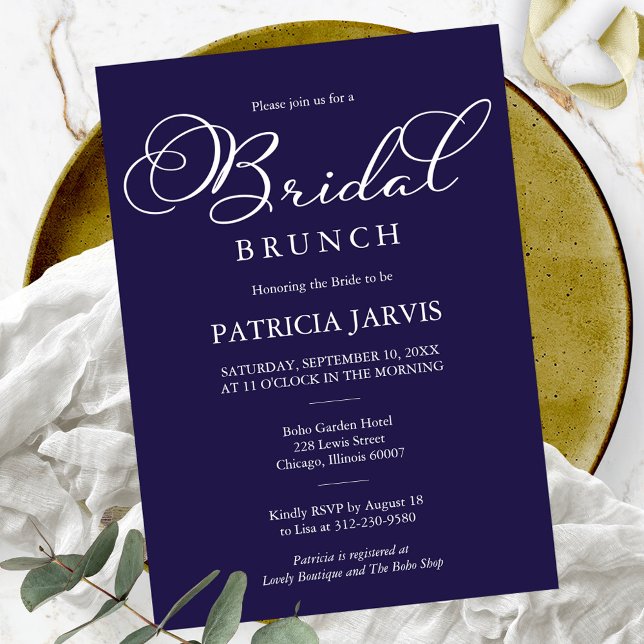 Elegant Navy Blue White Script Bridal Brunch Invitation (Creator Uploaded)
