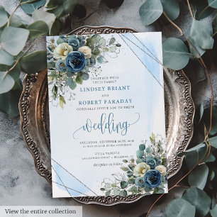 Elegant Navy Blue White Silver Floral Wedding  Invitation