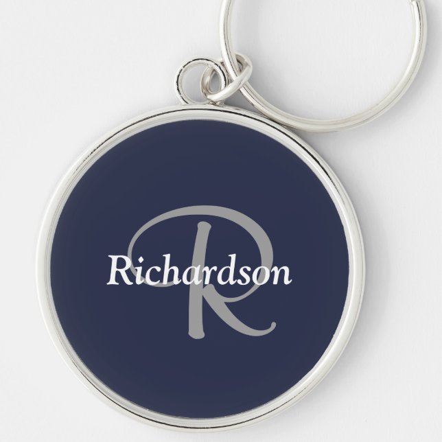 Elegant Navy Blue White Silver Grey Monogrammed Key Ring (Front)