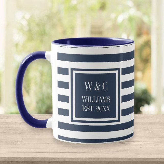 Elegant Navy Blue White Stripe Monogram Name Mug (Creator Uploaded)