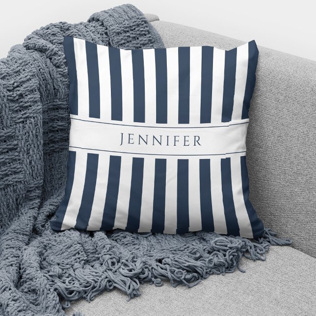 Elegant Navy Blue & White Stripes Pattern Name Cushion (Creator Uploaded)