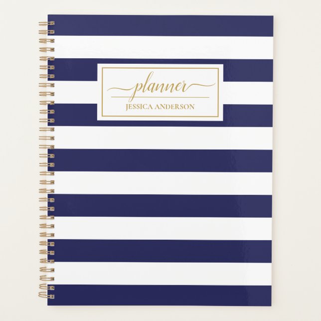 Elegant Navy Blue White Stripes Pattern Planner (Front)